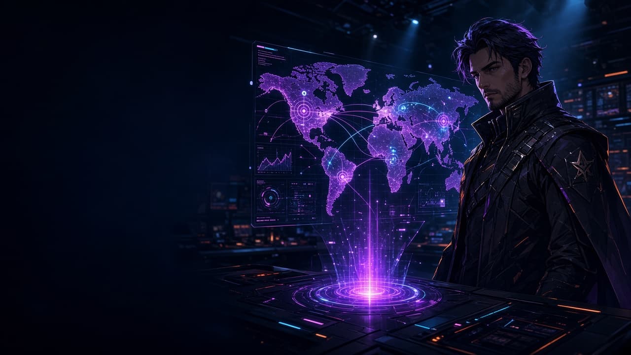 Campaign commander operating a holographic global targeting map