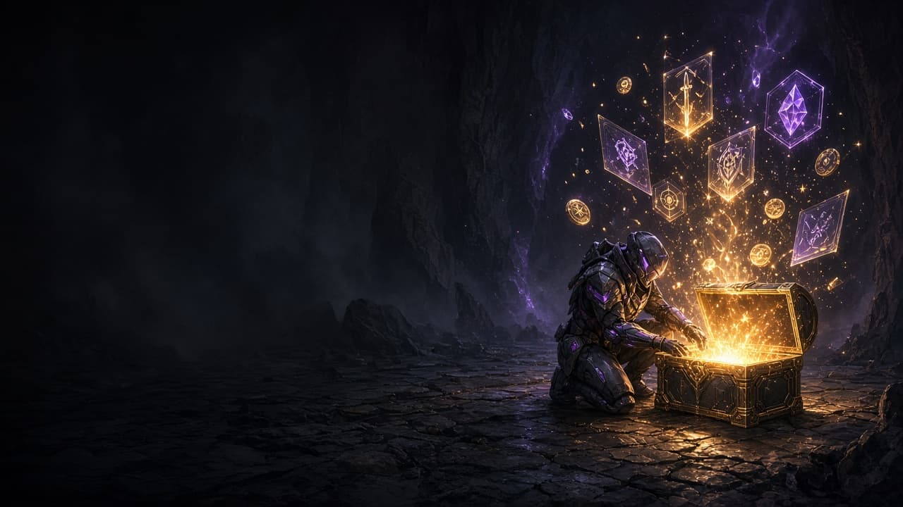 Futuristic player discovering a radiant reward vault