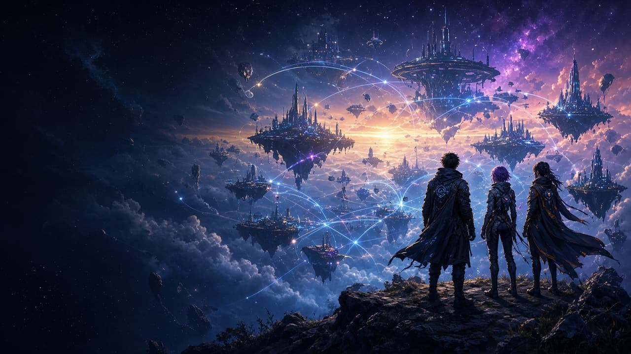 A team overlooking an interconnected universe of gaming worlds