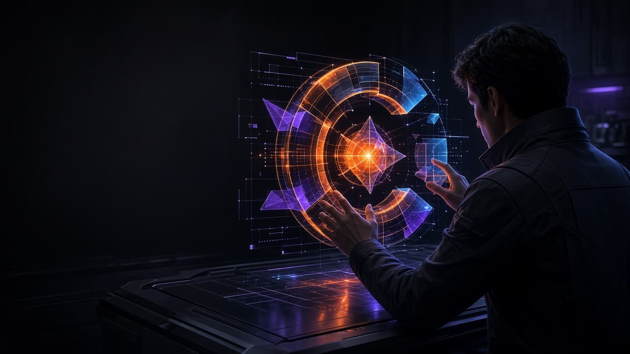 Designer shaping a glowing geometric identity in a futuristic studio